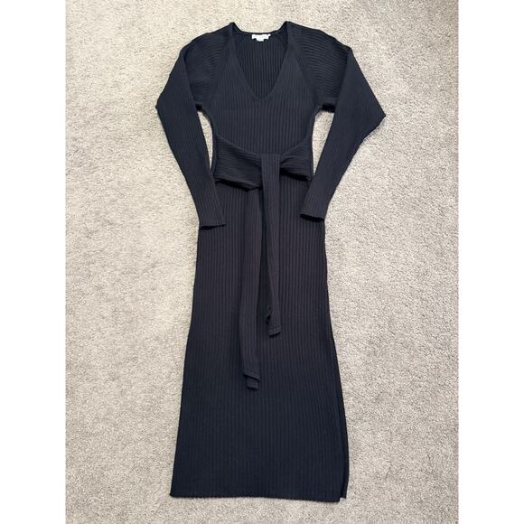 Good American Belted Stretch Black Sweater Dress 1/2 S/M Slit Bodycon Midi - Picture 1 of 7
